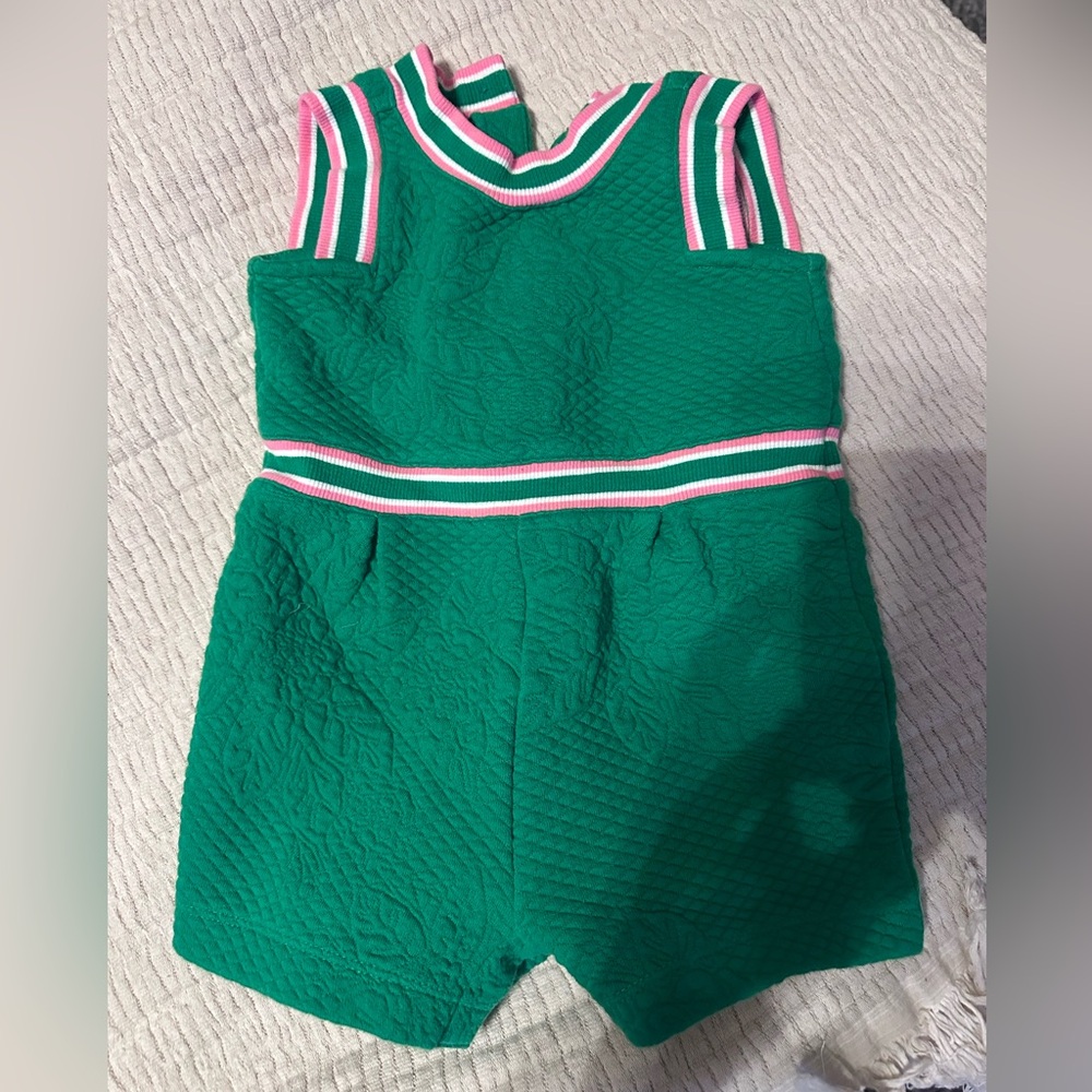 Janie and Jack Green Quilted Romper with Pink & White Stripe Trim